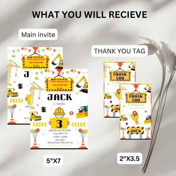Construction Birthday Party Invitation Template with a thank you tag - Image 5