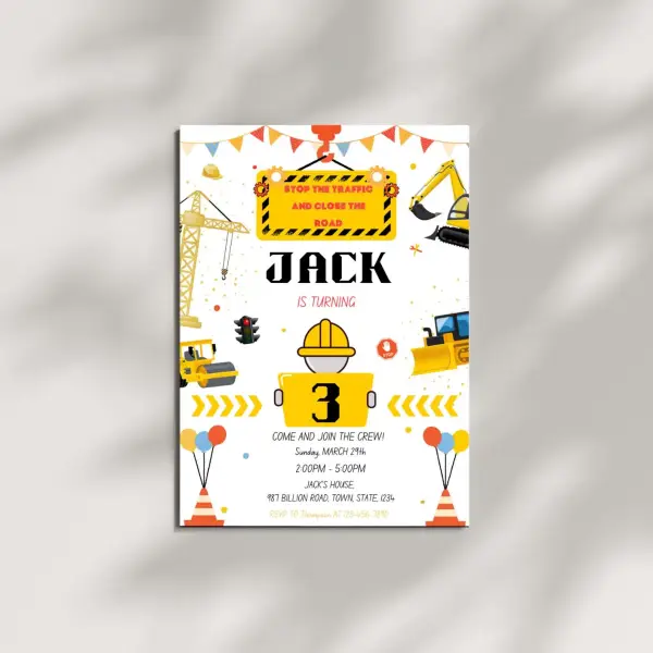 Construction Birthday Party Invitation Template with a thank you tag - Image 4