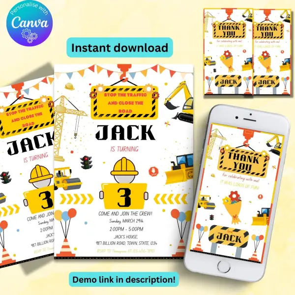 Construction Birthday Party Invitation Template with a thank you tag