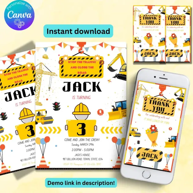 Construction Birthday Party Invitation Template with a thank you tag